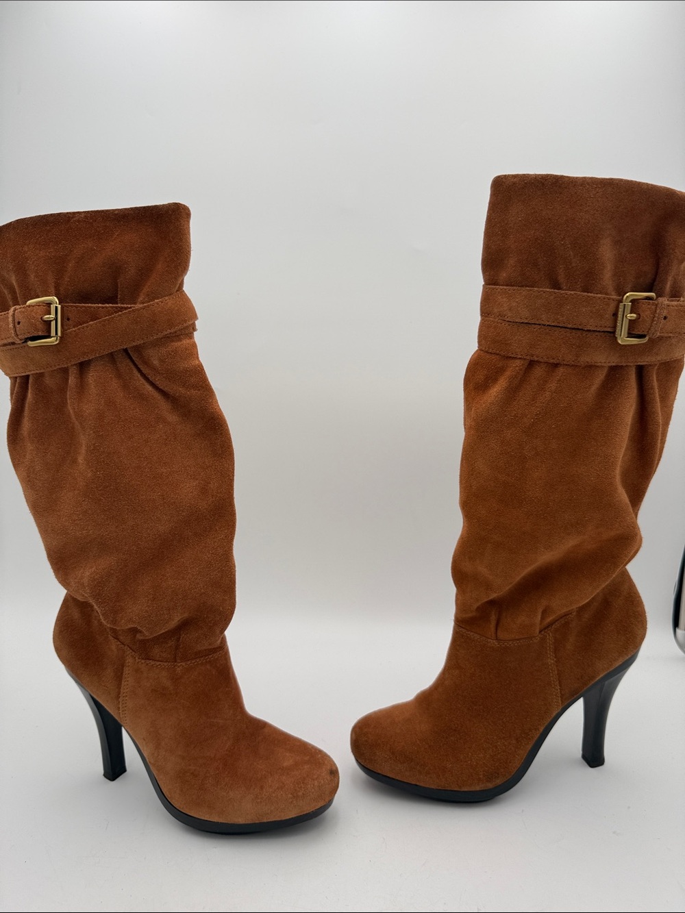 Vintage Michael Kors Women Tan Suede Mid-Calf Heeled Boots  Buckle 7.6 Y2K fall